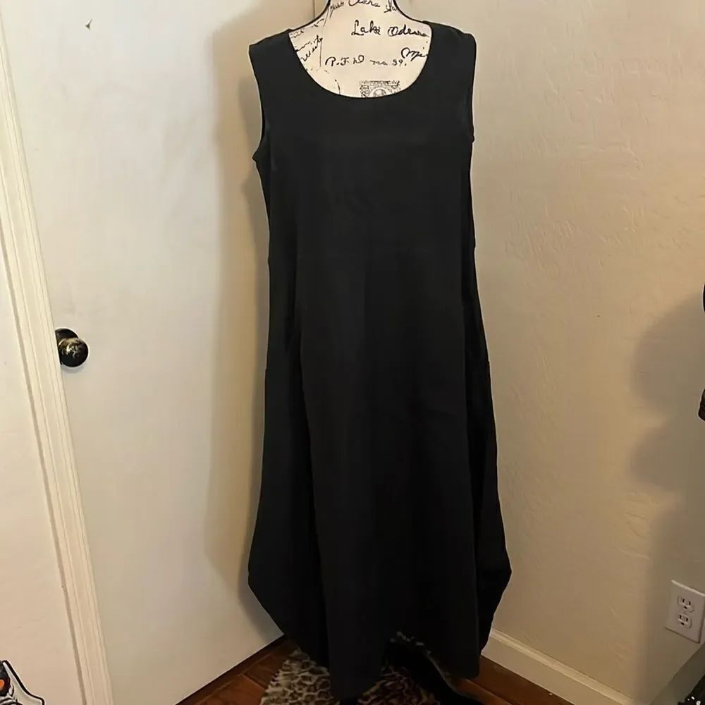 Christopher Calvin Black Linen Blend Minimalist Casual Work Wear Lagenlook Dress